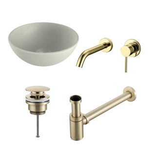 Waskomset BWS Rond 26x12 cm Keramiek Mat Wit / Goud (inclusief kraan, afvoer en sifon)