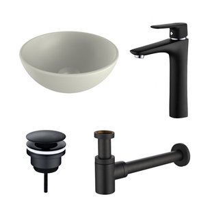 Waskomset BWS Rond 26x12 cm Keramiek Mat Wit / Mat Zwart (inclusief kraan, afvoer en sifon)