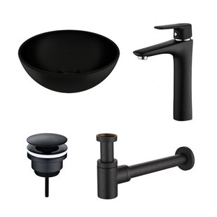 Waskomset BWS Rond 26x12 cm Keramiek Mat Zwart (inclusief kraan, afvoer en sifon)