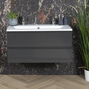 ACTIE BWS Badmeubel | Paris | Antraciet 100 cm | Hoogglans Wit Wastafel | 1 of 2 Kraangaten