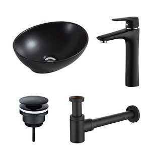 Waskomset BWS Ovaal 40x33x14.5 cm Keramiek Mat Zwart (inclusief kraan, afvoer en sifon)