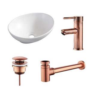 Waskomset BWS Ovaal 40x33x14.5 cm Keramiek Mat Wit / Koper (inclusief kraan, afvoer en sifon)