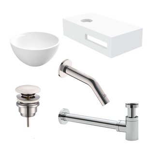 Waskomset met Planchet BWS Rond 20x11 cm Solid Surface Mat Wit / Wit (inclusief kraan, afvoer en sifon)