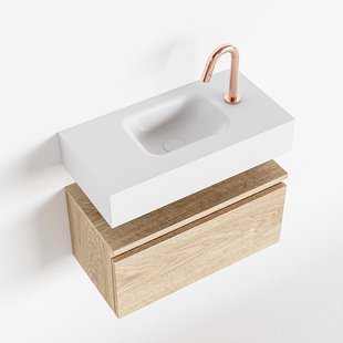 MONDIAZ ANDOR 60cm toiletmeubel washed oak. LEX 60cm wastafel talc midden 1 kraangat