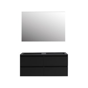 Badkamermeubel BWS Pepper Acryl Wastafel Mat Zwart Incl Spiegel Met 2 Kraangaten 120x55x46 cm Mat Zwart