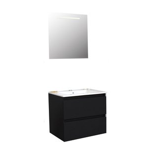 Badkamermeubel BWS Pepper Wastafel Porselein Incl Spiegel Met LED Verlichting En Kraangat 60x55x46 cm Mat Zwart