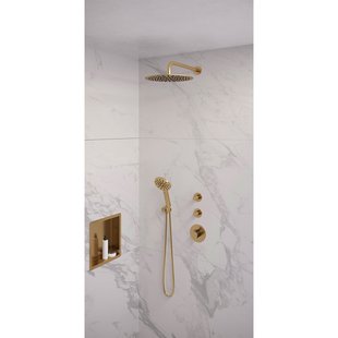 Regendoucheset Inbouw Brauer Gold Edition Thermostatisch 30cm met Gebogen Wandarm en Handdouche 3-Standen Losse Stopkranen Geborsteld Goud
