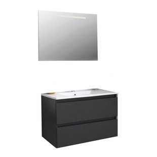 Badkamermeubel BWS Pepper Wastafel Porselein Incl Spiegel Met LED Verlichting En Kraangat 80x55x46 cm Antraciet