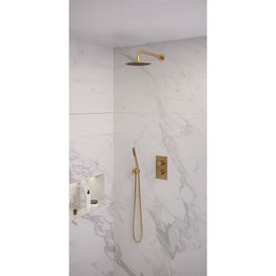 Regendoucheset Inbouw Brauer Gold Edition Thermostatisch 20cm met 3-Weg Omstelling, Gebogen Wandarm en Staaf Handdouche Geborsteld Goud