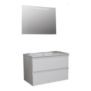 Badkamermeubel BWS Pepper Wastafel Porselein Incl Spiegel Met LED Verlichting En Kraangat 80x55x46 cm Wit