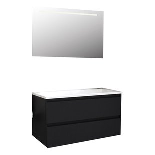 Badkamermeubel BWS Pepper Acryl Wastafel Incl Spiegel Met LED Verlichting Zonder Kraangat 100x55x46 cm Mat Zwart