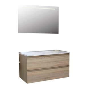 Badkamermeubel BWS Pepper Acryl Wastafel Incl Spiegel Met LED Verlichting Met Kraangat 100x55x46 cm Eiken