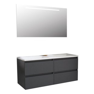 Badkamermeubel BWS Pepper Acryl Wastafel Incl Spiegel Met LED Verlichting Met 2 Kraangaten 120x55x46 cm Antraciet