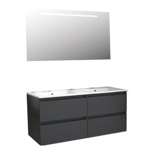 Badkamermeubel BWS Pepper Wastafel Porselein Twee Kraangaten Incl Spiegel Met LED Verlichting 120x55x46 cm Antraciet