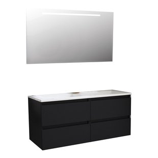 Badkamermeubel BWS Pepper Acryl Wastafel Incl Spiegel Met LED Verlichting Met 2 Kraangaten 120x55x46 cm Mat Zwart