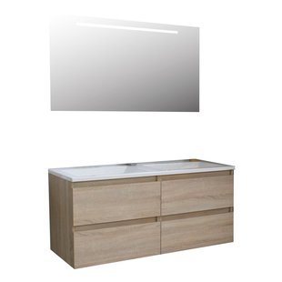 Badkamermeubel BWS Pepper Acryl Wastafel Incl Spiegel Met LED Verlichting Zonder Kraangat 120x55x46 cm Eiken