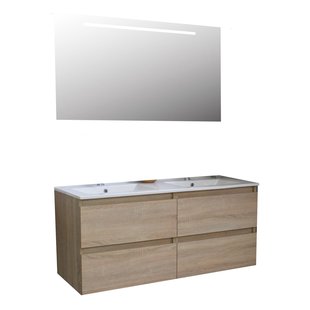 Badkamermeubel BWS Pepper Wastafel Porselein Twee Kraangaten Incl Spiegel Met LED Verlichting 120x55x46 cm Eiken