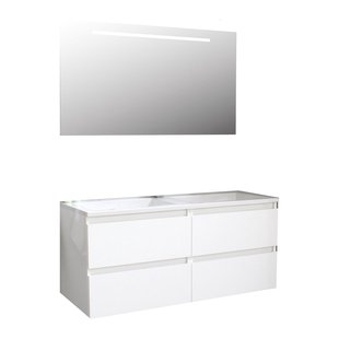 Badkamermeubel BWS Pepper Acryl Wastafel Incl Spiegel Met LED Verlichting Zonder Kraangat 120x55x46 cm Wit