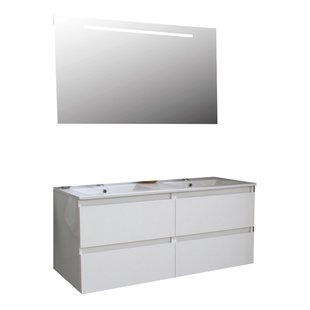 Badkamermeubel BWS Pepper Wastafel Porselein Twee Kraangaten Incl Spiegel Met LED Verlichting 120x55x46 cm Wit