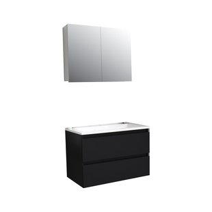 Badkamermeubel BWS Pepper Wastafel Acryl Incl Spiegelkast 2 Deurs Zonder Kraangat 80x55x46 cm Mat Zwart