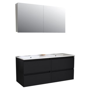 Badkamermeubel BWS Pepper Wastafel Porselein 2 Kraangaten Spiegelkast 120x55x46 cm Mat Zwart