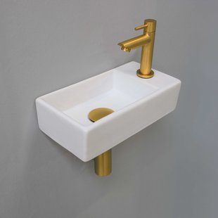 Fonteinset INK Versus 36x18x9cm Porselein Mat Wit Met Kraangat Rechts Brushed Mat Goud