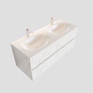Badkamermeubel BWS Valencia Carrara Mat 120 cm Solid Surface Wastafel Dubbel (2 kraangaten, 4 lades)