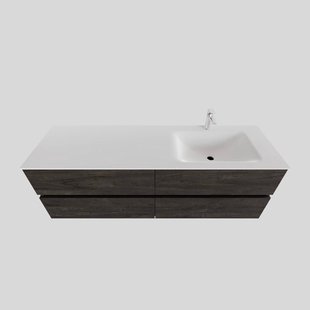 Badkamermeubel Solid Surface BWS Stockholm 200x46 cm Wood Dark Brown Wasbak Rechts (1 kraangat, 4 lades)