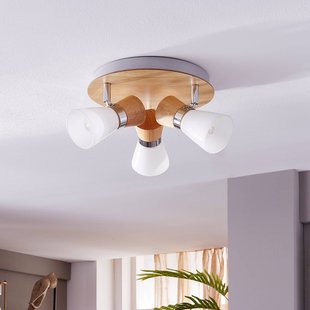 Lindby plafondlamp Vivica, Ø 26 cm, chroom/hout, 3-lamps