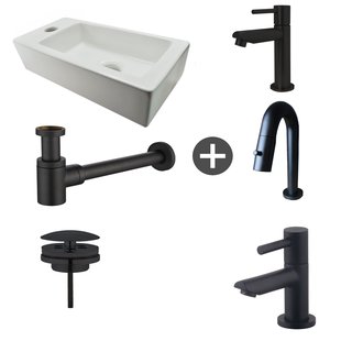 Fonteinpack Rhea Links Keramiek 36x18x9 cm Mat Zwart (Keuze uit 4 kranen)