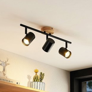 Lindby plafondlamp Xiomara, 3-lamps, 68 cm lang, hout