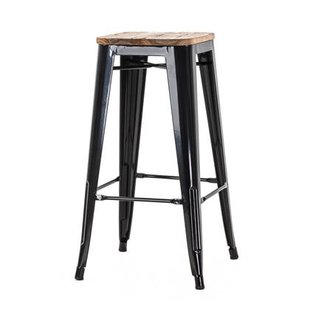 Legend Metalen barkruk zwart - met houten zitting - 77 cm