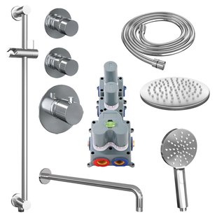 Regendoucheset Inbouw Brauer Chrome Edition Thermostatisch 20cm met Gebogen Wandarm, Glijstang en Handdouche 3-Standen Losse Stopkranen Chroom