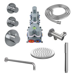 Regendoucheset Inbouw Brauer Chrome Edition Thermostatisch 20cm met Gebogen Wandarm en Handdouche Staaf Losse Stopkranen Chroom