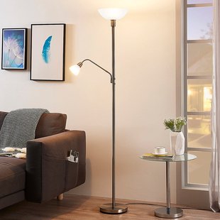 Lindby uplighter Jost, 180 cm, nikkelkleurig, leeslampje Lindby uplighter Jost, 180 cm, nikkelkleurig, leeslampje
