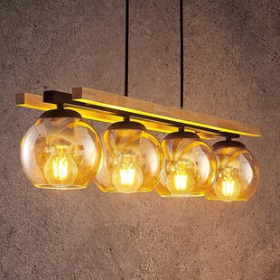 Lindby hanglamp Enrique, amber, 4-lamps, glas, hout, E27