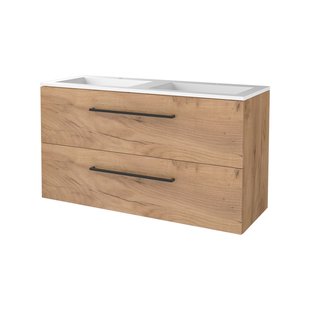 Badmeubelset BWS Salt 120x46cm Met Grepen 2 Lades Met Wastafel 2 Kraangaten Whisky Oak