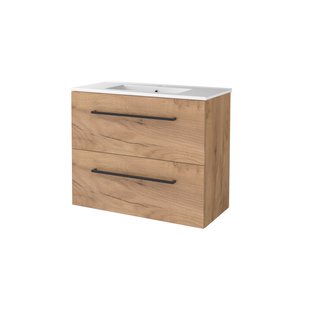 Badmeubelset BWS Salt 80x39cm Met Grepen 2 Lades Met Wastafel 1 Kraangat Whisky Oak
