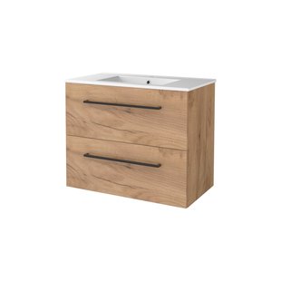 Badmeubelset BWS Salt 80x46cm Met Grepen 2 Lades Met Wastafel 1 Kraangat Whisky Oak