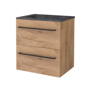 Badmeubelset BWS Salt 60x46cm Met Grepen 2 Lades Met Wastafel Hardsteen 1 Kraangat Whisky Oak