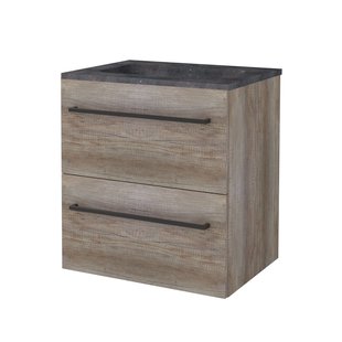 Badmeubelset BWS Salt 60x46cm Met Grepen 2 Lades Met Wastafel Hardsteen 1 Kraangat Scotch Oak