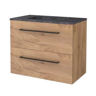 Badmeubelset BWS Salt 80x46cm Met Grepen 2 Lades Met Wastafel Hardsteen 1 Kraangat Whisky Oak