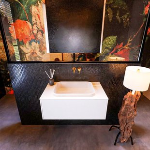 Badkamermeubelset Mondiaz Erin 80 cm met 1 Lade met RIDGE Wastafel Midden Talc Zonder Kraangaten Greeploos Mat Talc