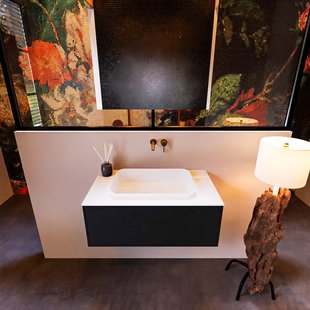 Badkamermeubelset Mondiaz Erin 80 cm met 1 Lade met RIDGE Wastafel Midden Talc Zonder Kraangaten Greeploos Mat Urban