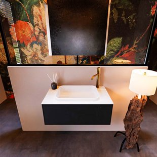 Badkamermeubelset Mondiaz Erin 80 cm met 1 Lade met RIDGE Wastafel Midden Talc met 1 kraangat Greeploos Mat Urban