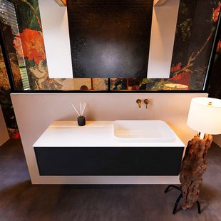 Badkamermeubelset Mondiaz Erin 120 cm met 1 Lade met RIDGE Wastafel Rechts Talc Zonder Kraangaten Greeploos Mat Urban