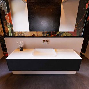 Badkamermeubelset Mondiaz Erin 150 cm met 1 Lade met RIDGE Wastafel Midden Talc Zonder Kraangaten Greeploos Mat Urban