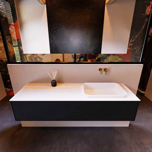 Badkamermeubelset Mondiaz Erin 150 cm met 1 Lade met RIDGE Wastafel Rechts Talc Zonder Kraangaten Greeploos Mat Urban