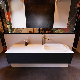 Badkamermeubelset Mondiaz Erin 150 cm met 1 Lade met RIDGE Wastafel Rechts Talc met 1 kraangat Greeploos Mat Urban