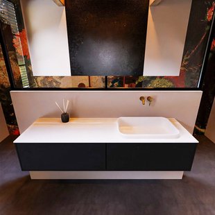 Badkamermeubelset Mondiaz Erin 150 cm met 2 Lades met RIDGE Wastafel Rechts Talc Zonder Kraangaten Greeploos Mat Urban